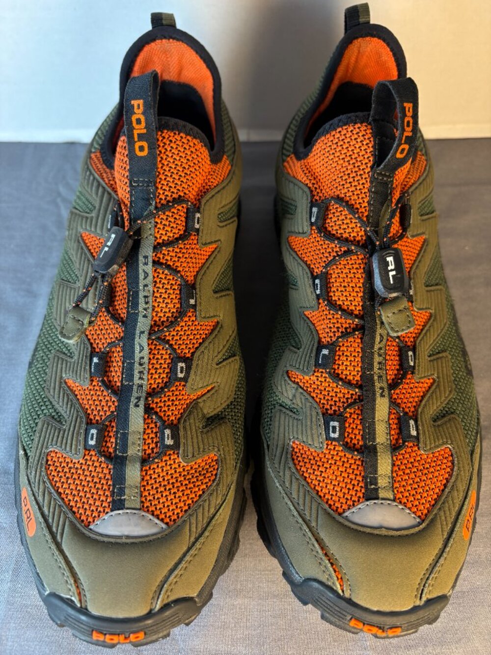Polo Ralph Lauren Adventure 300LT slip-on sneaker. Olive and Orange. Men's 12.